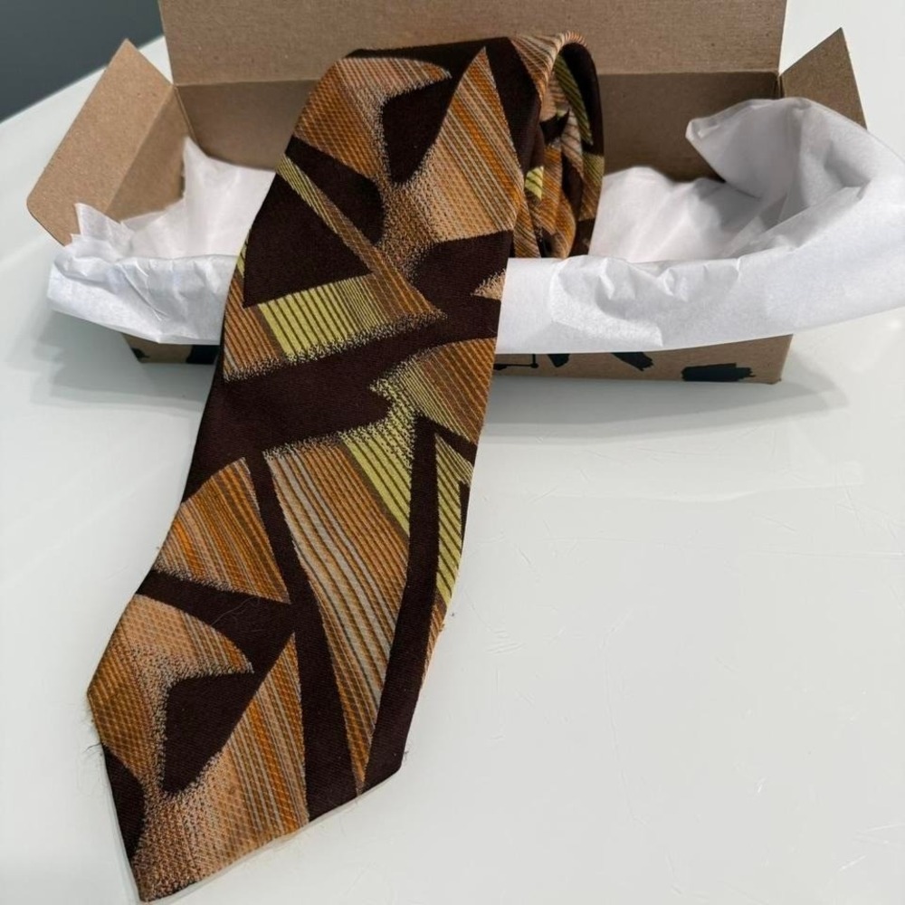 Vintage Wembley Geometric Tie – 70s Mod Brown Abstract Print